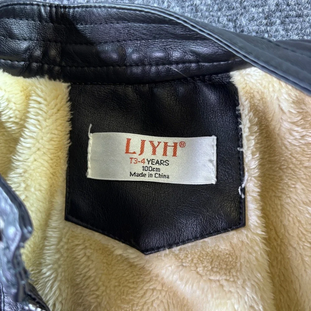 LJYH Moto Jacket Kids 3-4Y Black Faux Leather Fur Lined Biker Zip Quilted Sleeve